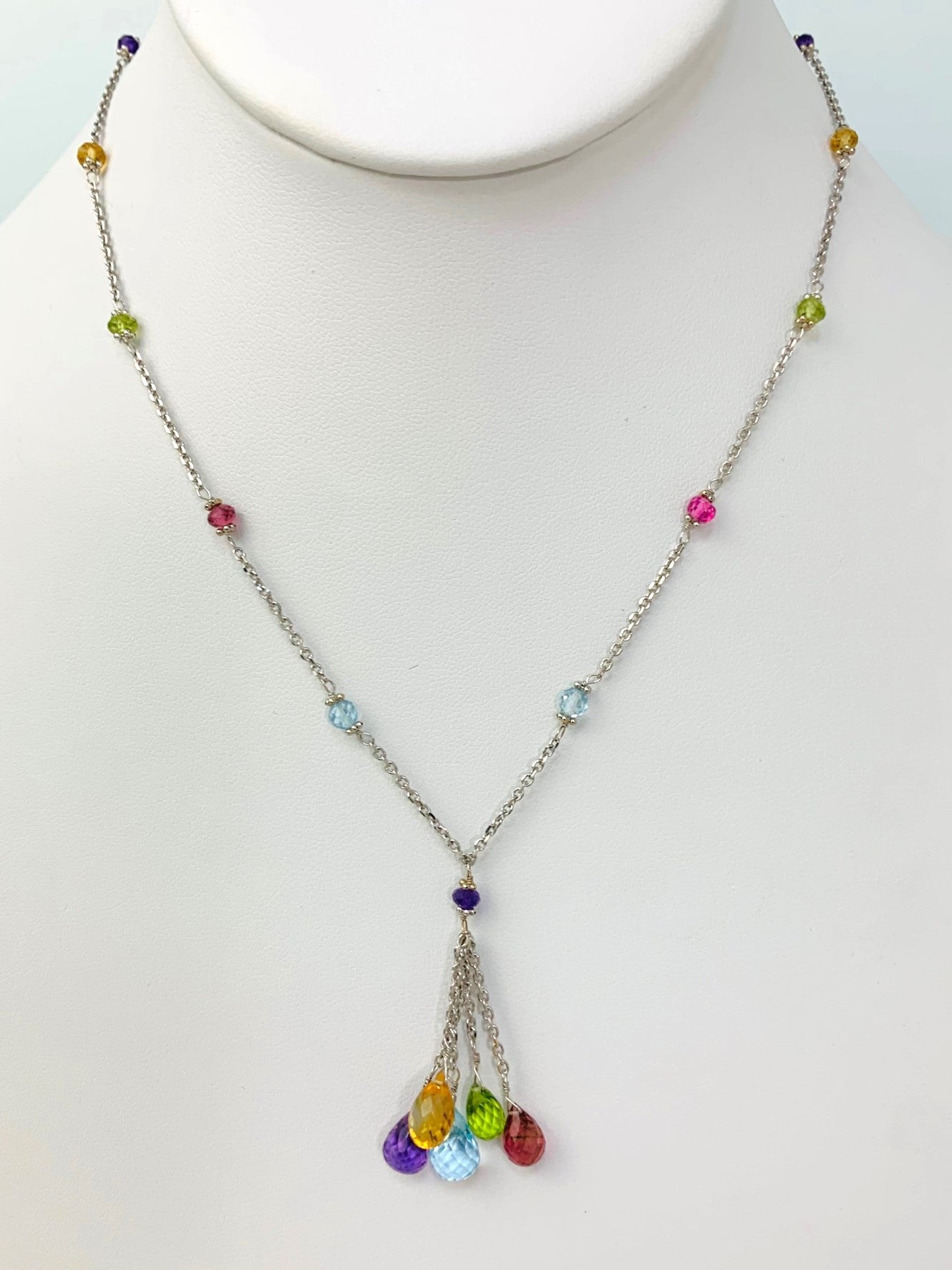 17"-18" Multicolored Station Necklace With Tassel Center in 14KW - NCK-401-TASSGM14W-MLTI-18