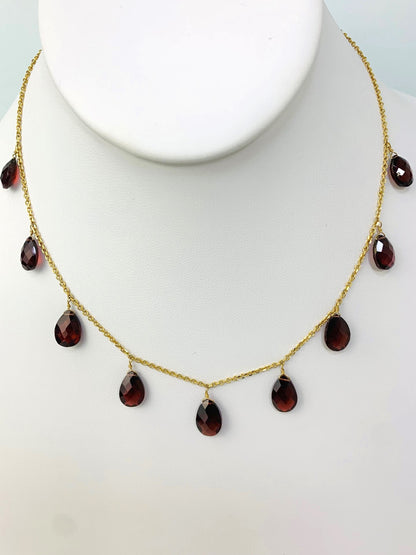 Clearance Sale! - 15-16" Garnet 9 Station Pear Dangle Necklace in 14KY - NCK-408-DNGGM14Y-GNT-16