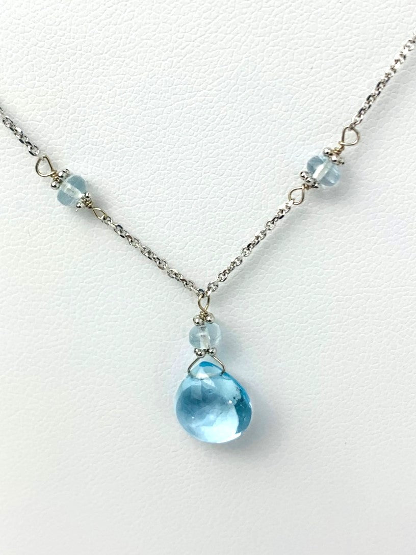 16"-17" Blue Topaz Station Necklace With Center Drop in 14KW - NCK-440-DRPGM14W-BT-17