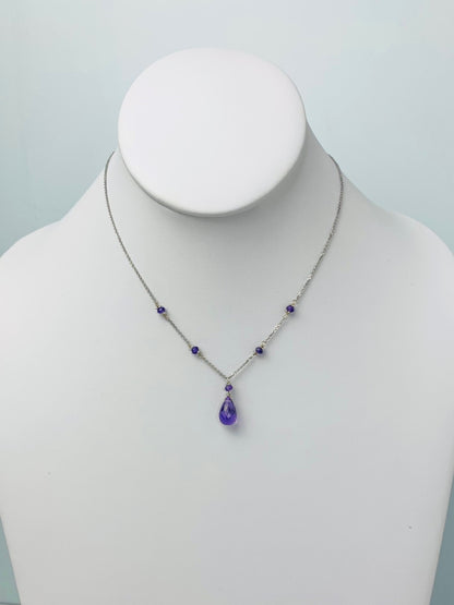 15"-16"  Amethyst Station Necklace With Center Drop in 14KW - NCK-450-DRPGM14W-AMY-16