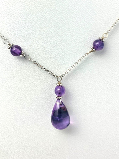 15" Amethyst Station Necklace With Center Drop in 14KW - NCK-452-DRPGM14W-AMY-15