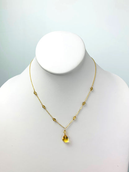 16"-17" Citrine Station Necklace With Center Drop in 14KY - NCK-454-DRPGM14Y-CIT-17