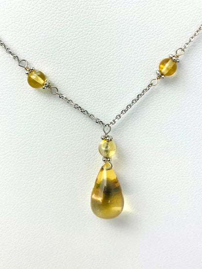 16"-17" Citrine Station Necklace With Center Drop in 14KW - NCK-461-DRPGM14W-CIT-17