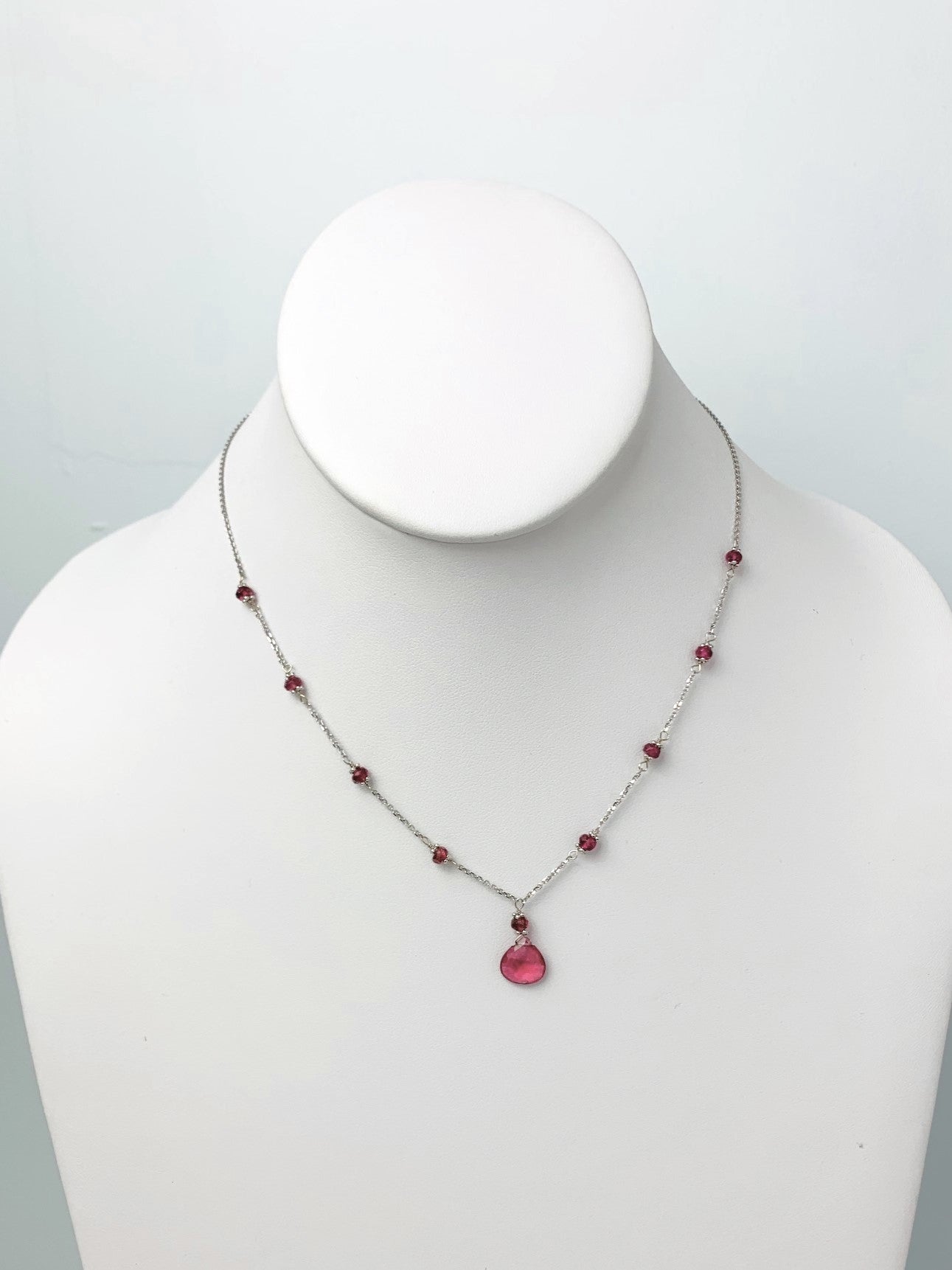 15"-16" Pink Tourmaline Station Necklace With Center Drop in 14KW - NCK-470-DRPGM14W-PT-16-01399