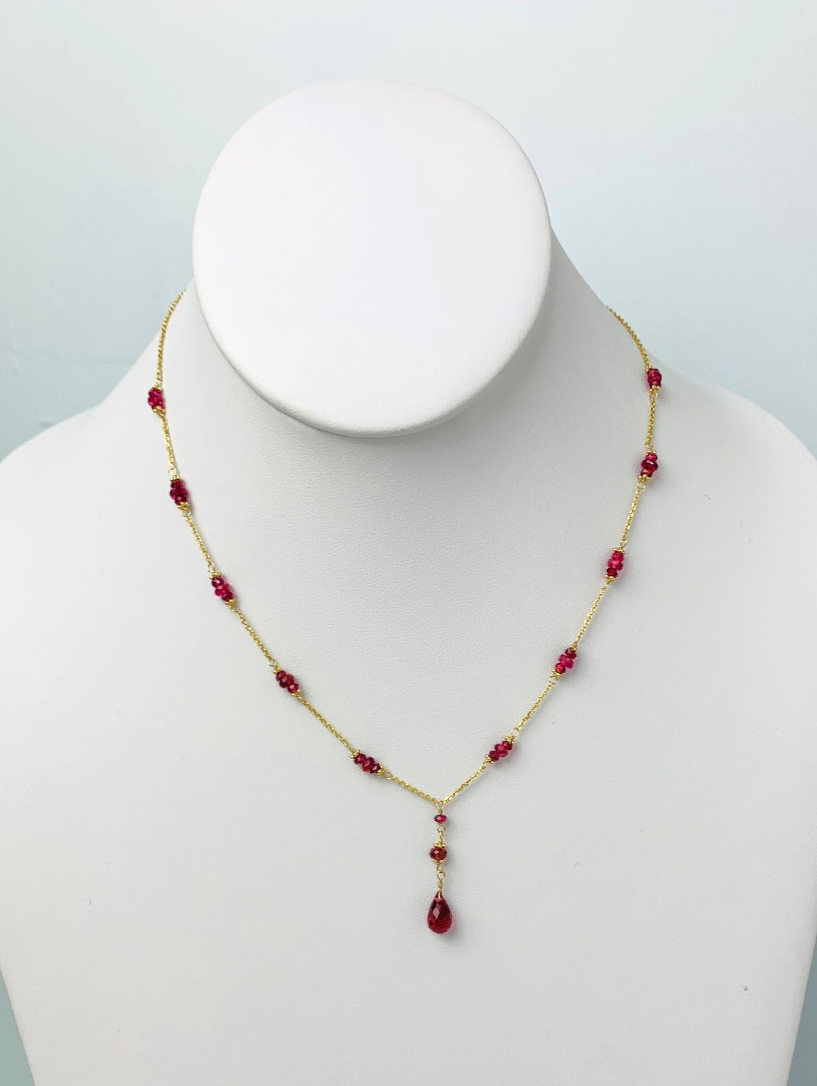 16"-17" Pink Tourmaline Station Necklace With Center Drop in 14KY - NCK-471-DRPGM14Y-PT-17