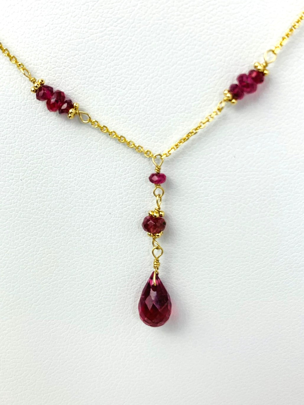 16"-17" Pink Tourmaline Station Necklace With Center Drop in 14KY - NCK-471-DRPGM14Y-PT-17