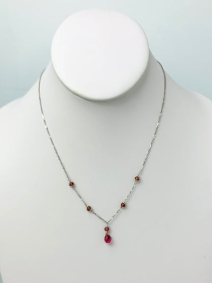 16"-17" Pink Tourmaline Station Necklace With Center Drop in 14KW - NCK-473-DRPGM14W-PT-17