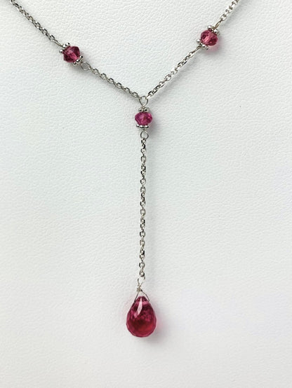 16"-17" Pink Tourmaline Station Necklace With Center Drop in 14KW - NCK-474-DRPGM14W-PT-17