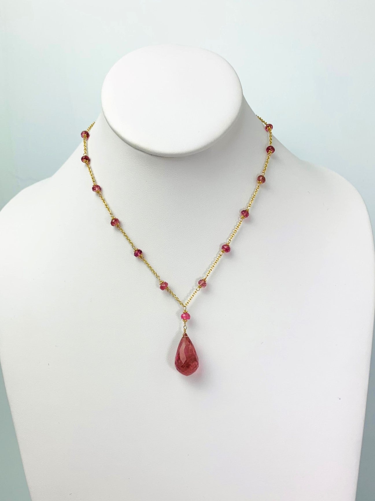 16"-18" Pink Tourmaline Station Necklace With Center Drop in 14KY - NCK-475-DRPGM14Y-PT