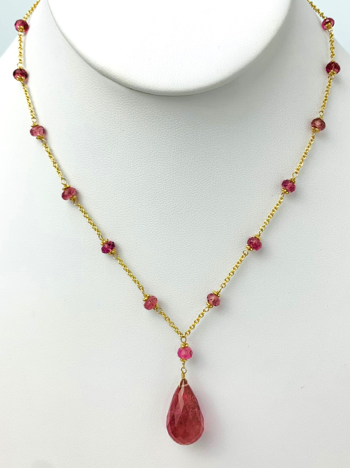 16"-18" Pink Tourmaline Station Necklace With Center Drop in 14KY - NCK-475-DRPGM14Y-PT