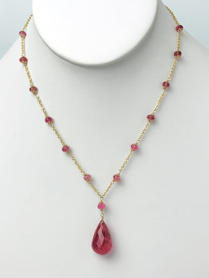 16"-18" Pink Tourmaline Station Necklace With Center Drop in 14KY - NCK-475-DRPGM14Y-PT