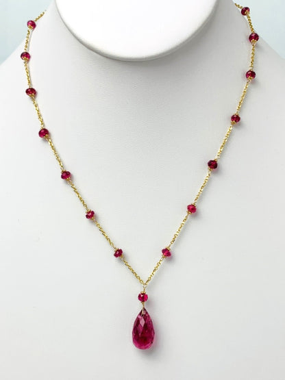 16"-18" Pink Tourmaline Station Necklace With Center Drop in 14KY - NCK-475-DRPGM14Y-PT