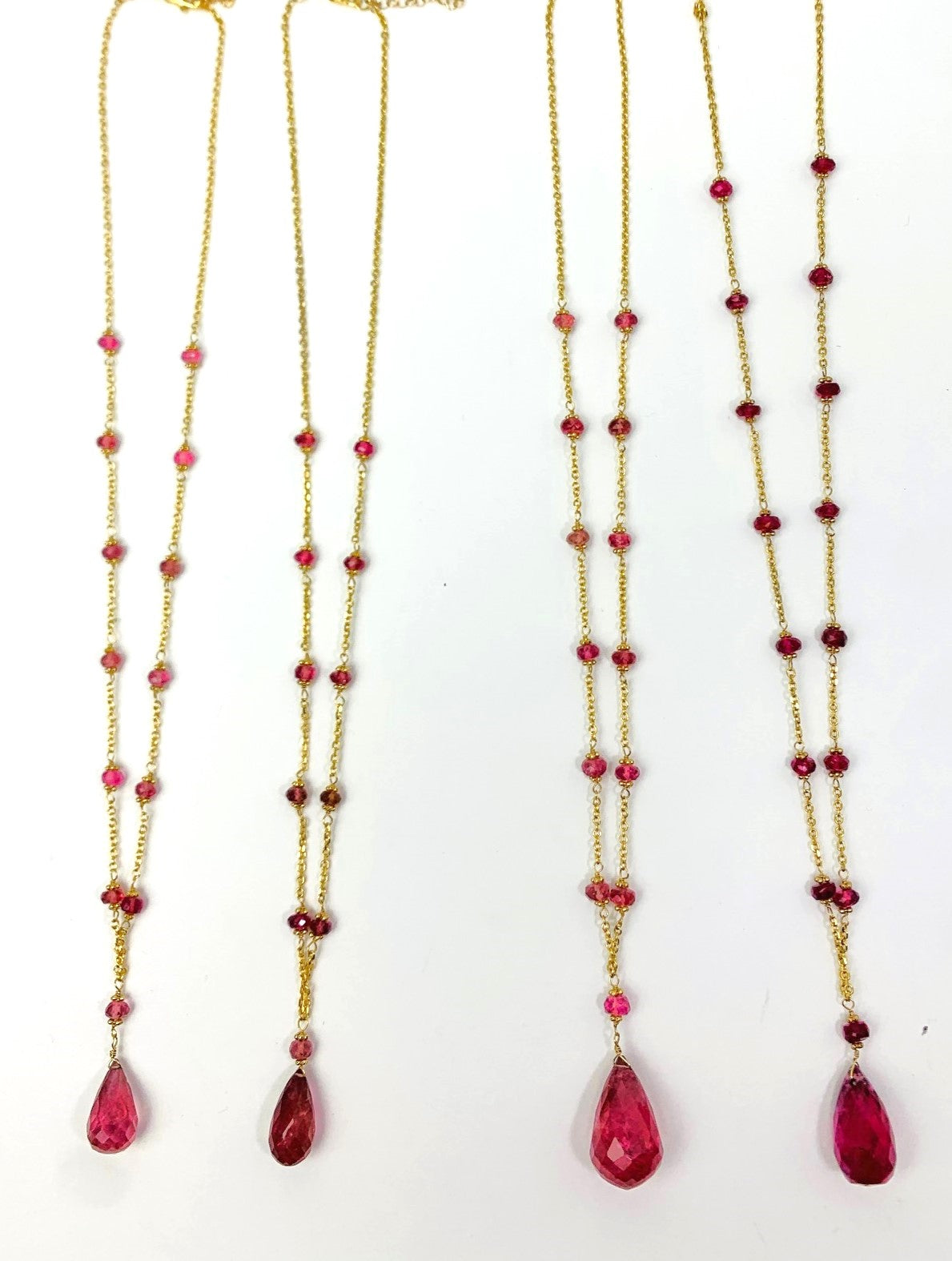 16"-18" Pink Tourmaline Station Necklace With Center Drop in 14KY - NCK-475-DRPGM14Y-PT