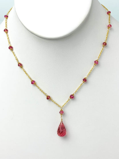 16"-18" Pink Tourmaline Station Necklace With Center Drop in 14KY - NCK-475-DRPGM14Y-PT