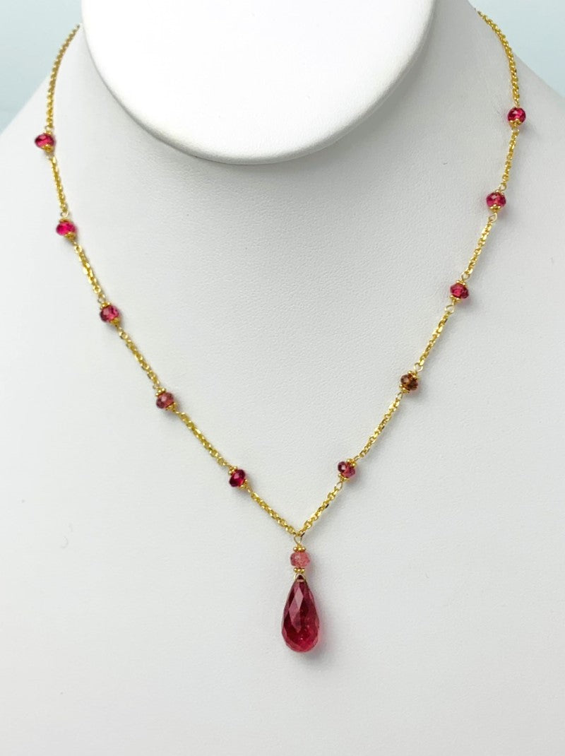 16"-18" Pink Tourmaline Station Necklace With Center Drop in 14KY - NCK-475-DRPGM14Y-PT