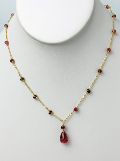 16"-17" Pink Tourmaline Station Necklace With Center Drop in 14KY - NCK-475-DRPGM14Y-PT-17 -MD