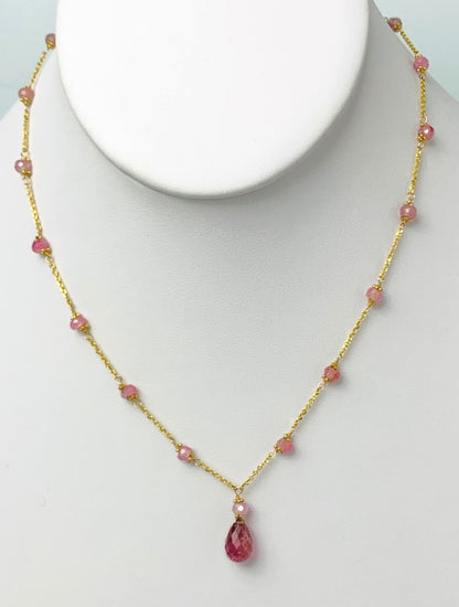 16"-17" Pink Tourmaline Station Necklace With Center Drop in 14KY - NCK-475-DRPGM14Y-PT-17 -MD