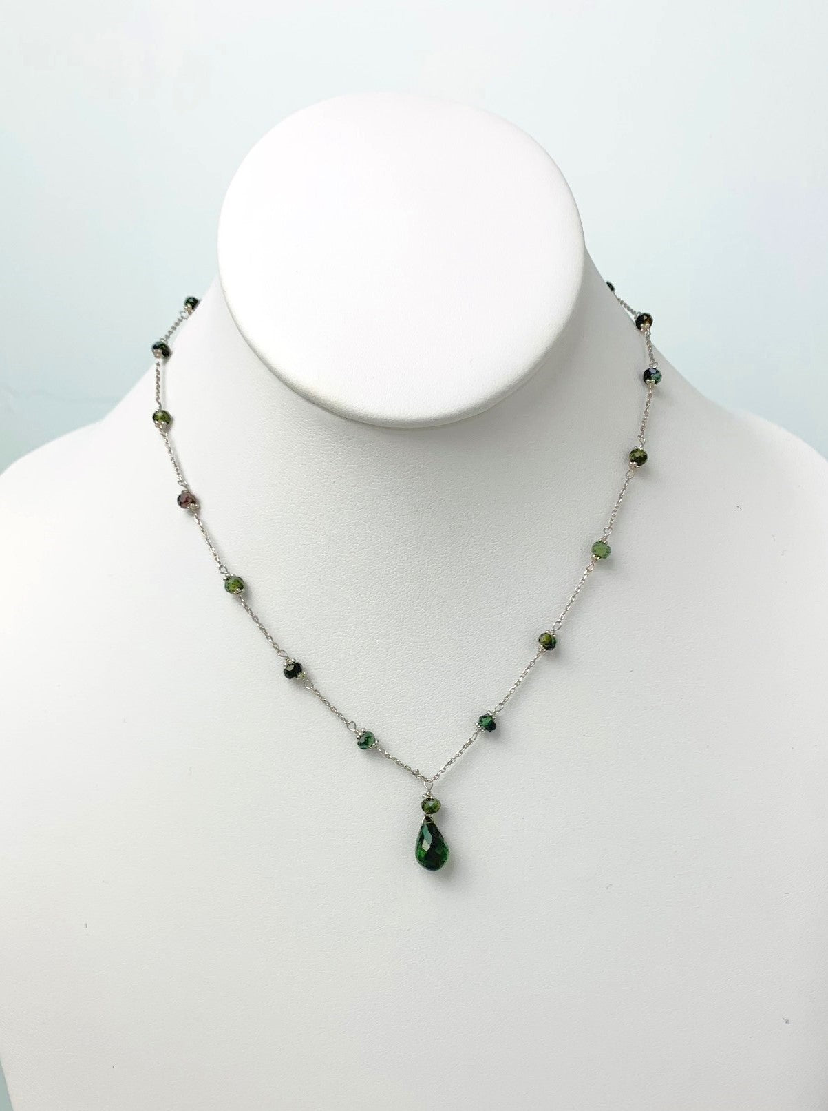 16"-17" Green Tourmaline Station Necklace With Center Drop in 14KW - NCK-475-DRPGM14W-GT-17 -MD