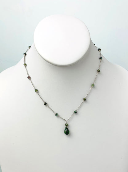 16"-17" Green Tourmaline Station Necklace With Center Drop in 14KW - NCK-475-DRPGM14W-GT-17 -MD