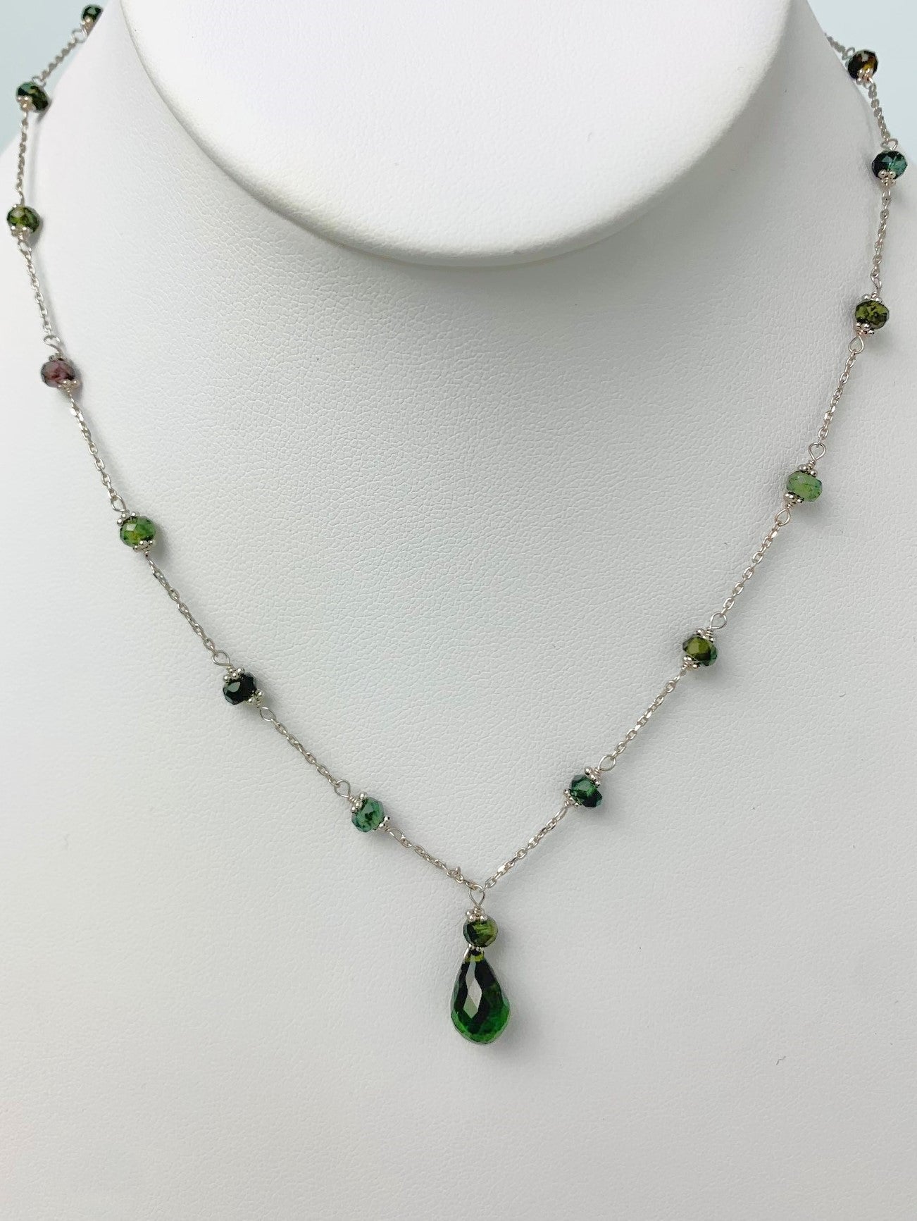 16"-17" Green Tourmaline Station Necklace With Center Drop in 14KW - NCK-475-DRPGM14W-GT-17 -MD