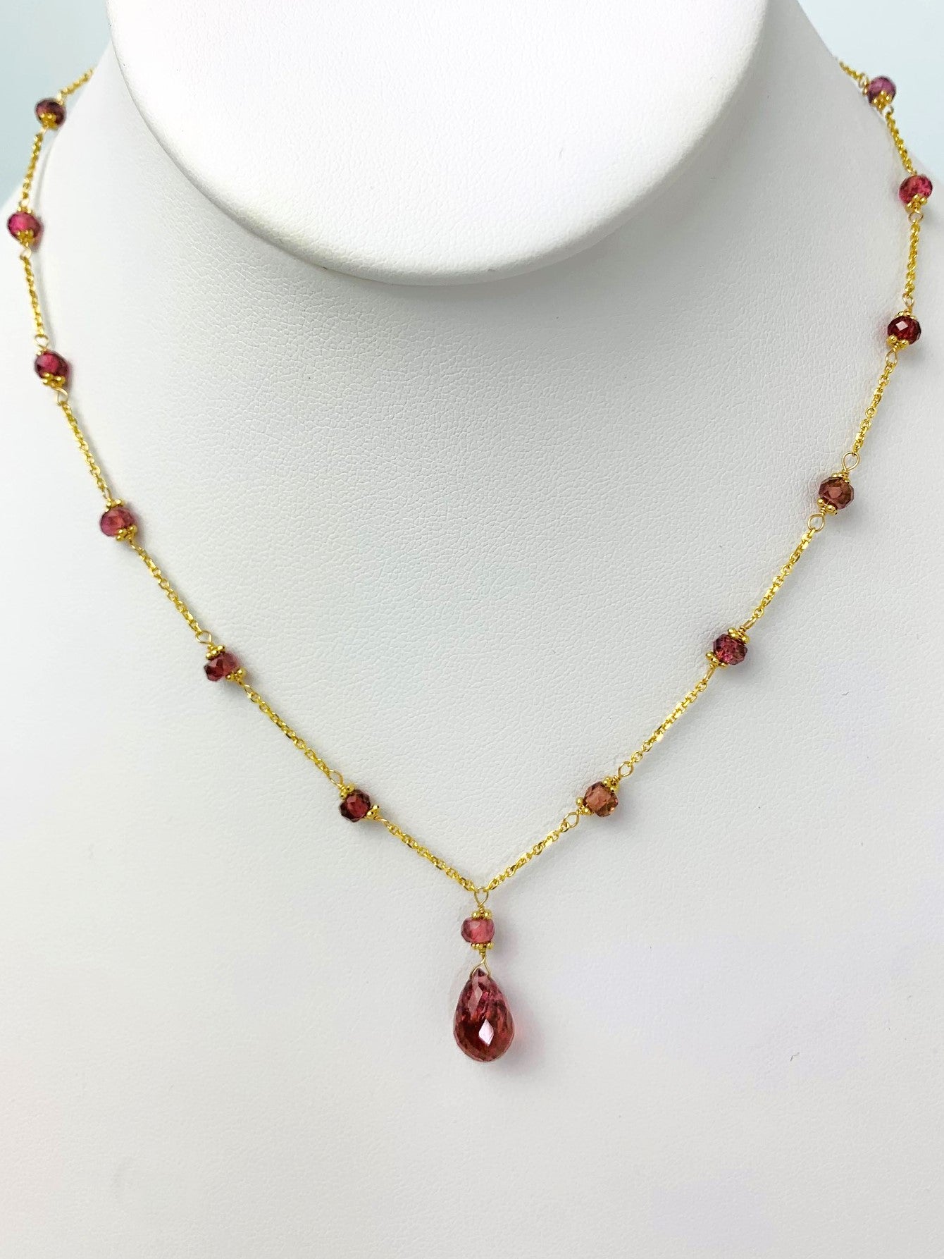 16"-17" Pink Tourmaline Station Necklace With Center Drop in 14KY - NCK-475-DRPGM14Y-PT-17 -MD