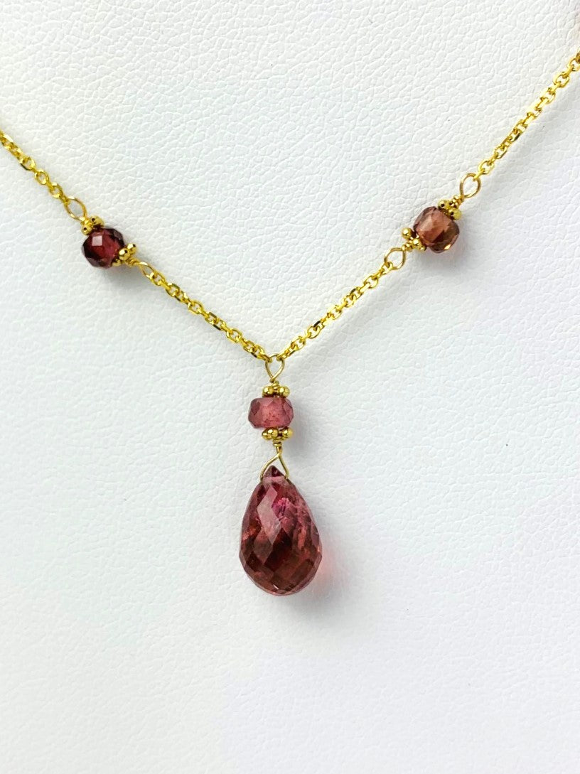 16"-17" Pink Tourmaline Station Necklace With Center Drop in 14KY - NCK-475-DRPGM14Y-PT-17 -MD