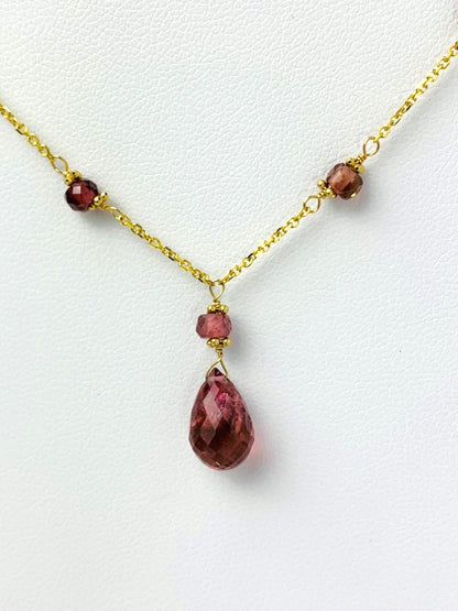 16"-17" Pink Tourmaline Station Necklace With Center Drop in 14KY - NCK-475-DRPGM14Y-PT-17 -MD