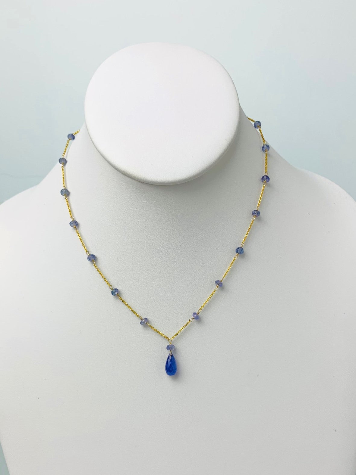 15"-16" Tanzanite Station Necklace With Center Drop in 14KY - NCK-482-DRPGM14Y-TANZ-16