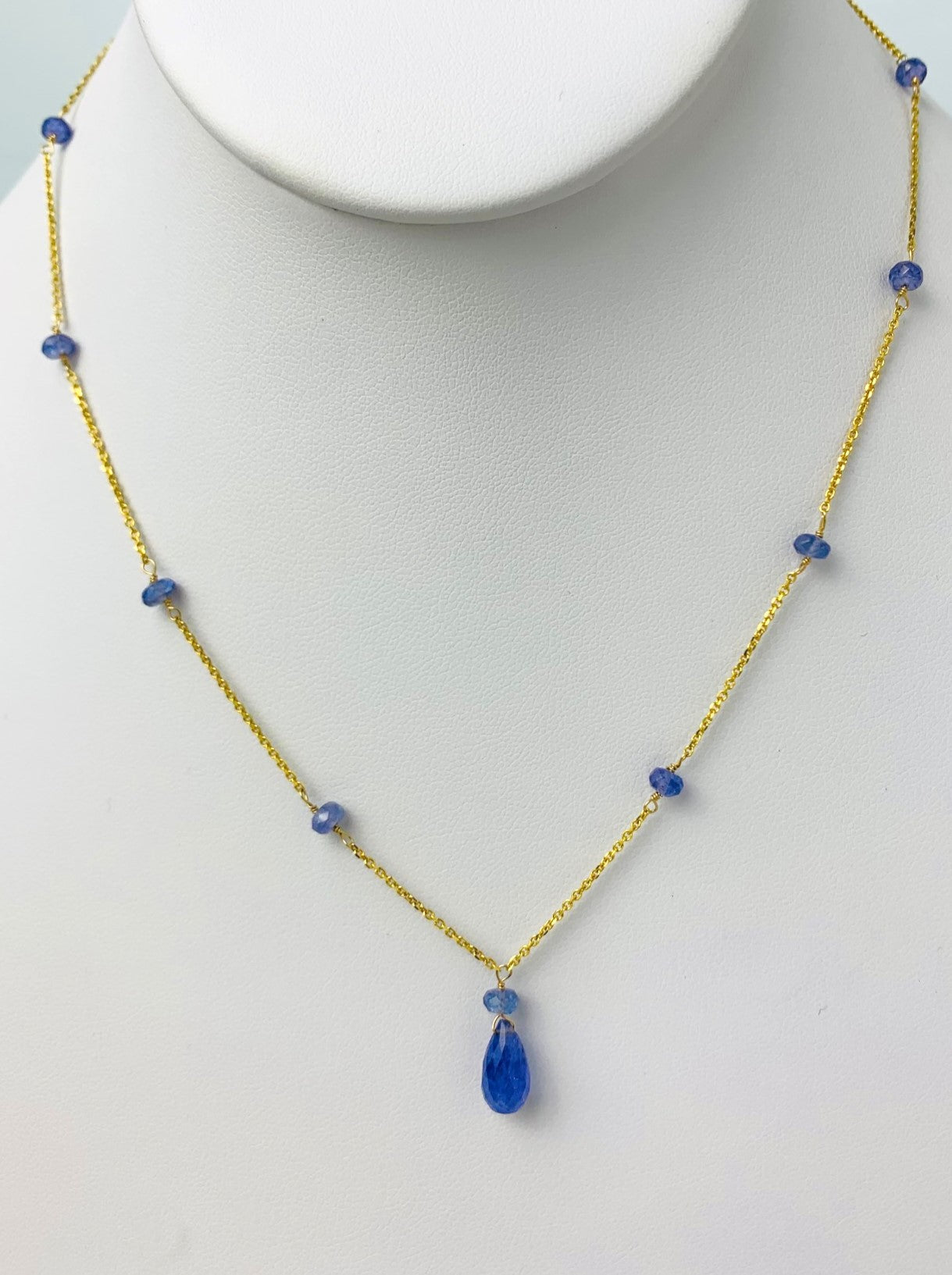 17" Tanzanite Station Necklace With Center Drop in 14KY - NCK-483-DRPGM14Y-TANZ-17