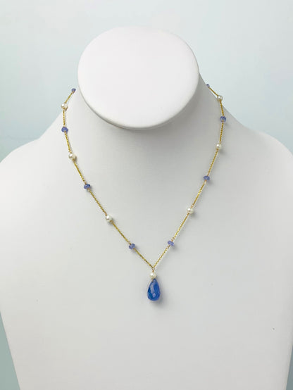 16" Tanzanite And Pearl Station Necklace With Center Drop in 14KY - NCK-485-DRPPRLGM14Y-WHTANZ-16