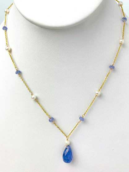 16" Tanzanite And Pearl Station Necklace With Center Drop in 14KY - NCK-485-DRPPRLGM14Y-WHTANZ-16