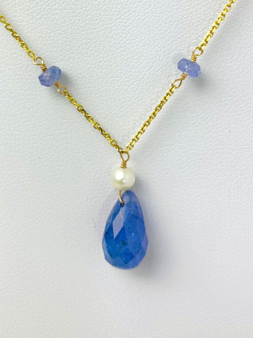 16" Tanzanite And Pearl Station Necklace With Center Drop in 14KY - NCK-485-DRPPRLGM14Y-WHTANZ-16