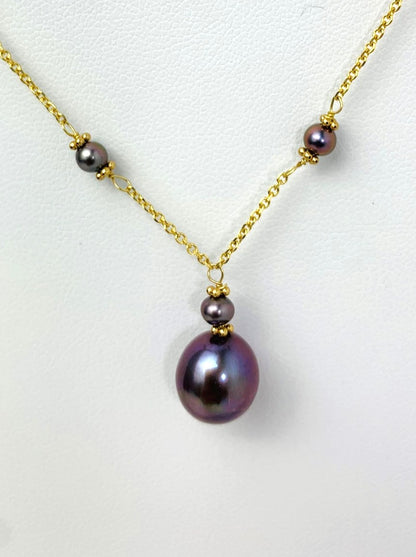 16"-17" Purple Peacock Pearl Station Necklace With Center Drop in 14KY - NCK-487-DRPPRL14Y-PRPL-17