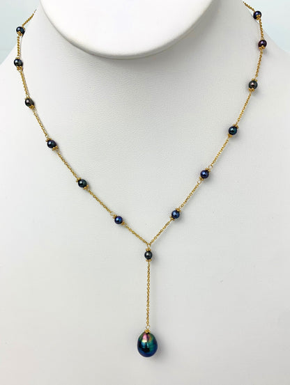 17"-18" Grey Peacock Pearl Station Necklace With Center Drop in 14KY - NCK-488-DRPPRL14Y-GRY-18