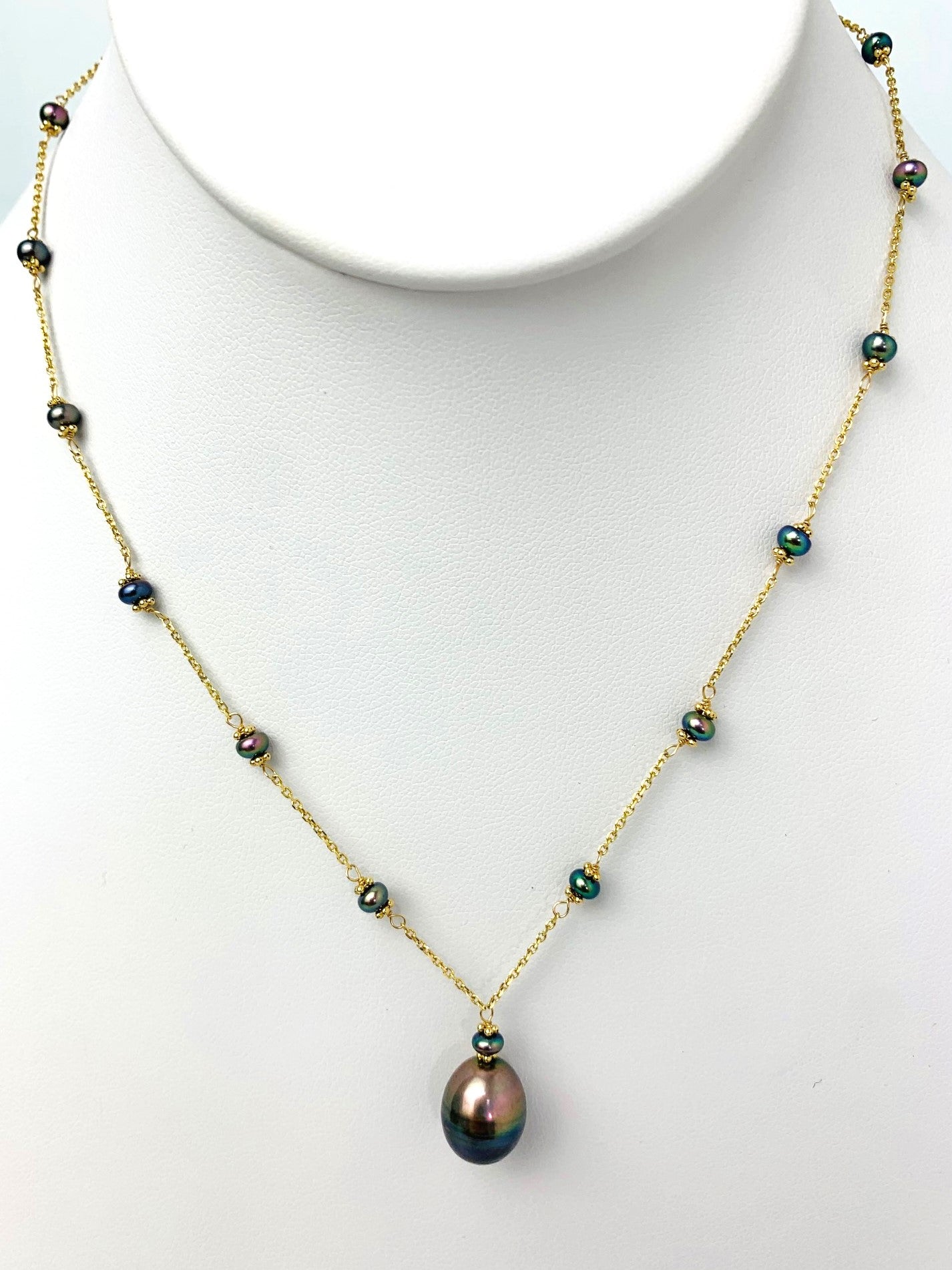 16"-19" Grey Peacock Pearl Station Necklace With Center Drop in 14KY - NCK-489-DRPPRL14Y-GRY-17