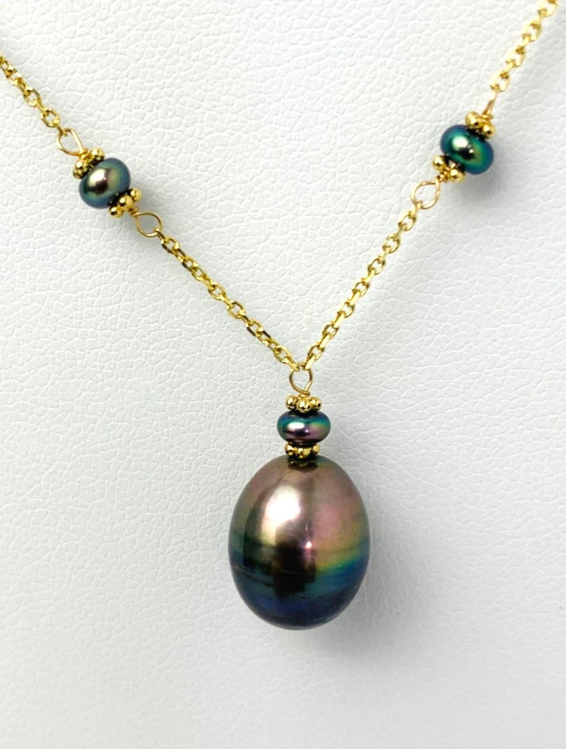 16"-19" Grey Peacock Pearl Station Necklace With Center Drop in 14KY - NCK-489-DRPPRL14Y-GRY-17