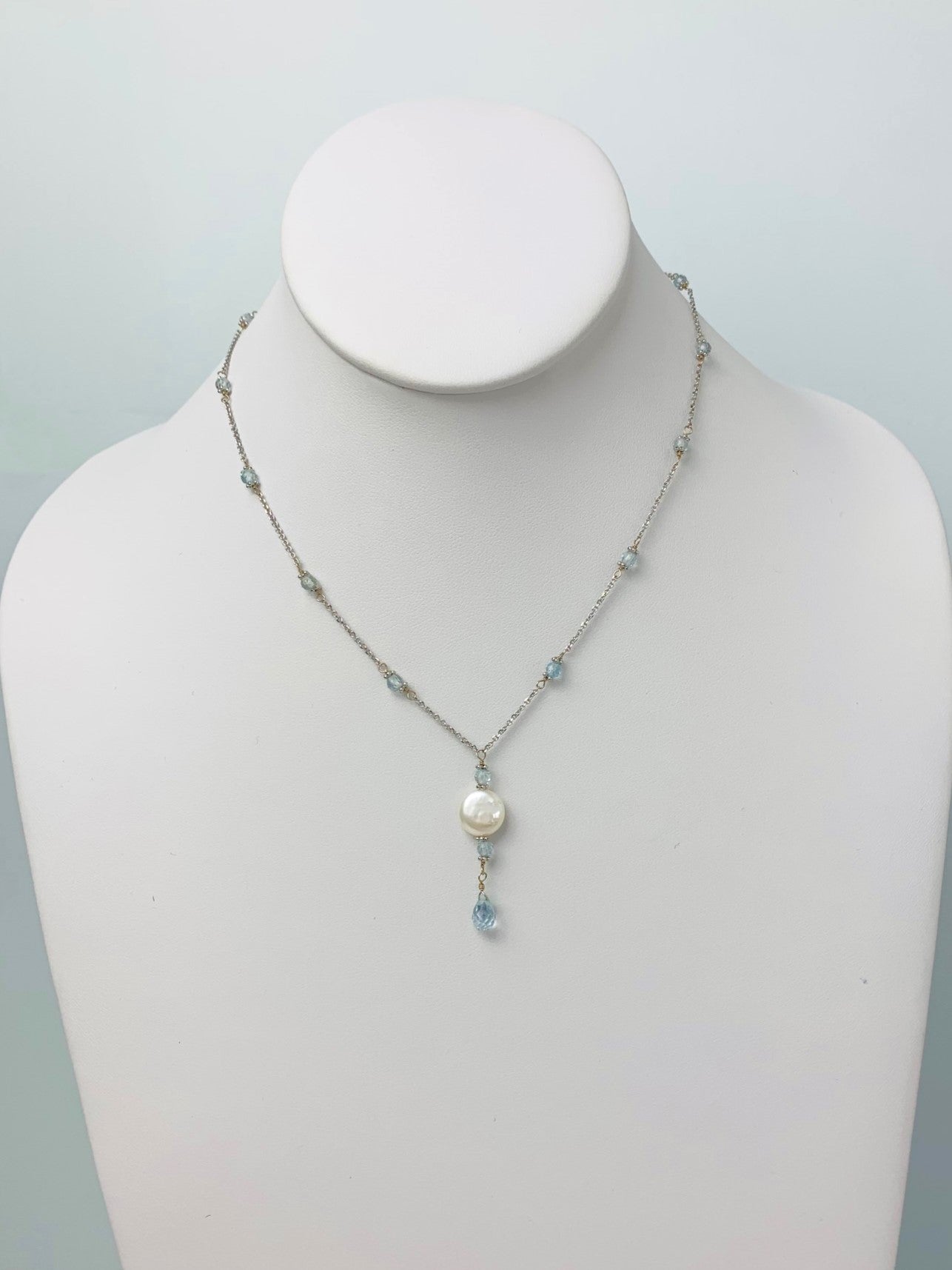 15"-16 Blue Topaz And Pearl Station Necklace With Center Drop in 14KW - NCK-490-DRPPRLGM14W-WHBT-16