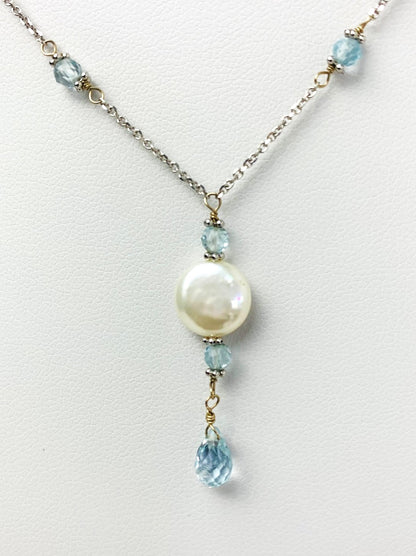 15"-16 Blue Topaz And Pearl Station Necklace With Center Drop in 14KW - NCK-490-DRPPRLGM14W-WHBT-16