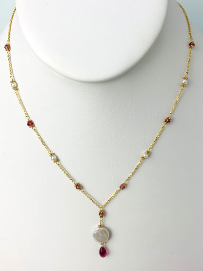 16"-17" Pink Tourmaline And Pearl Station Necklace With Center Drop in 14KY - NCK-490-DRPPRLGM14Y-WHPT-17