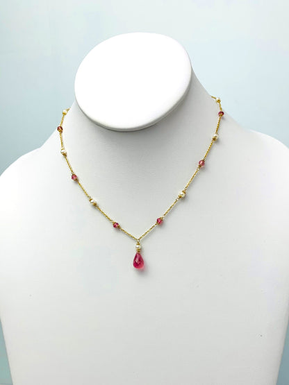 16"-17" Pink Tourmaline And Pearl Station Necklace With Center Drop in 14KY - NCK-491-DRPPRLGM14Y-WHPT-17