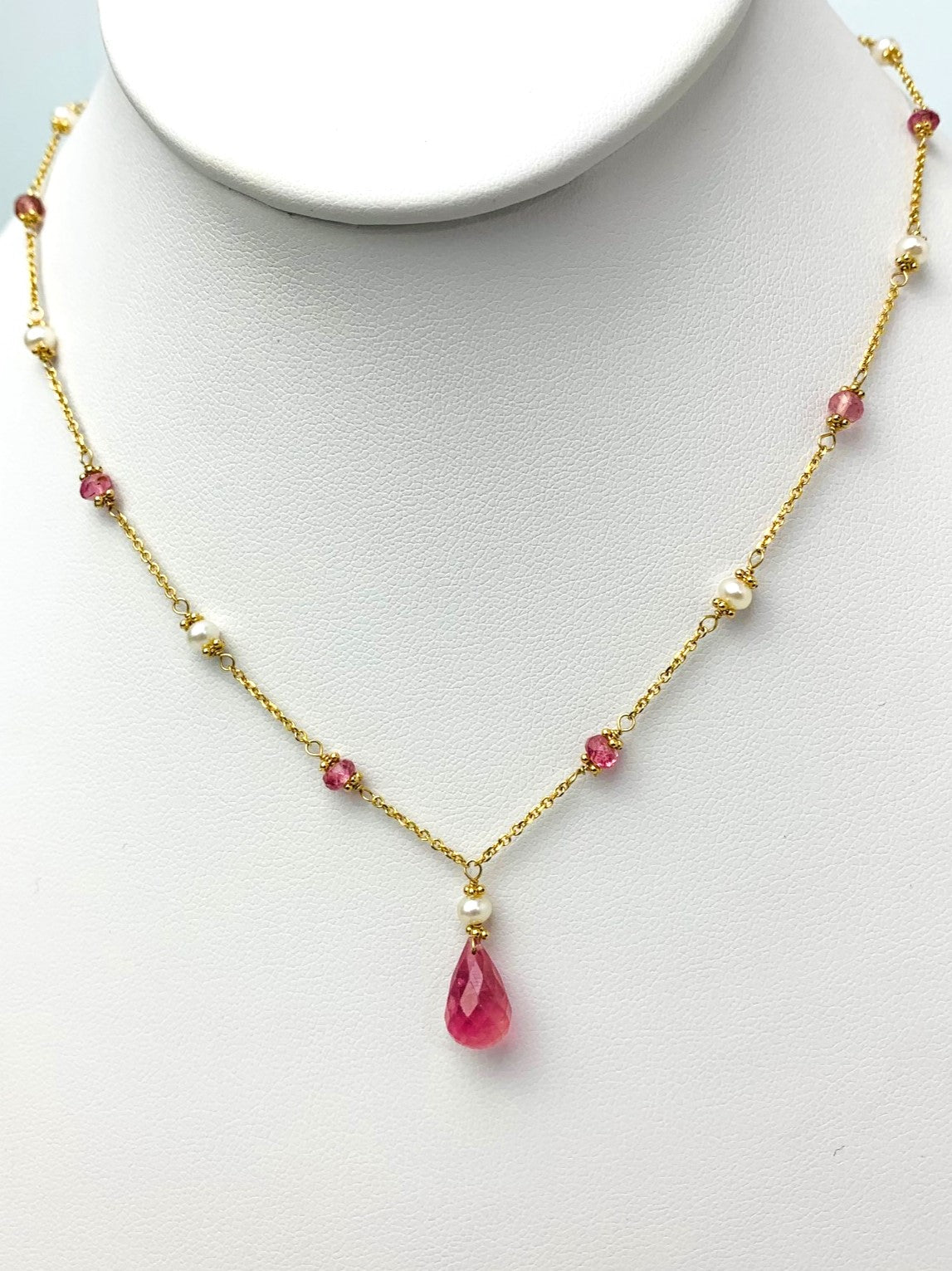 16"-17" Pink Tourmaline And Pearl Station Necklace With Center Drop in 14KY - NCK-491-DRPPRLGM14Y-WHPT-17