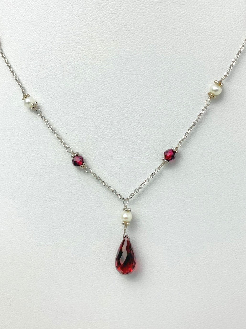 16"-17" Garnet And Pearl Station Necklace With Center Drop in 14KW - NCK-493-DRPPRLGM14W-WHGNT-17