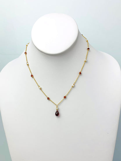16"-17" Garnet And Pearl Station Necklace With Center Drop in 14KY - NCK-493-DRPPRLGM14Y-WHGNT-17