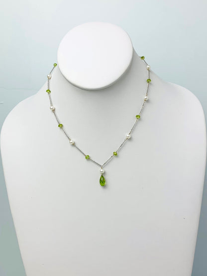 15" Peridot And Pearl Station Necklace With Center Drop in 14KW - NCK-494-DRPPRLGM14W-WHPDT-15