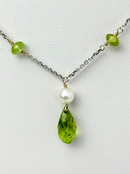 15" Peridot And Pearl Station Necklace With Center Drop in 14KW - NCK-494-DRPPRLGM14W-WHPDT-15