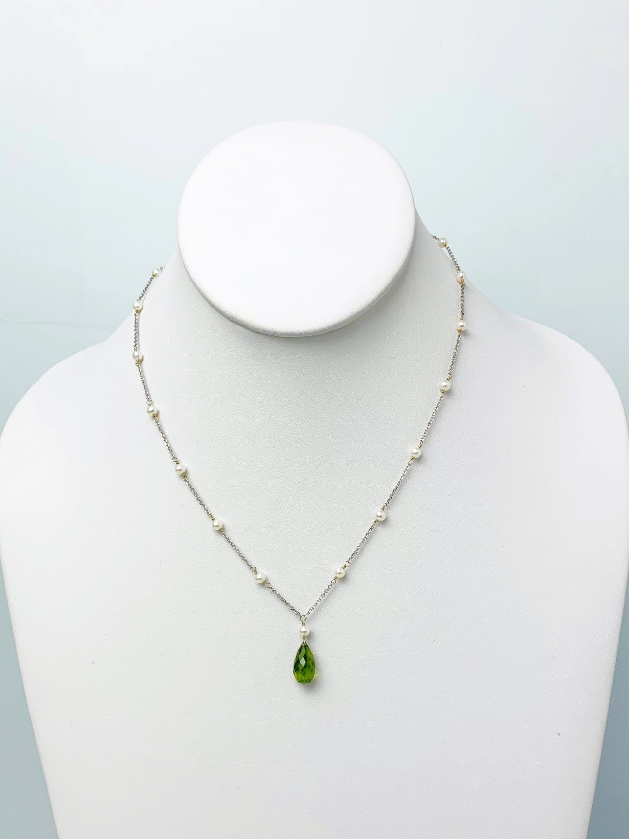 16" Peridot And Pearl Station Necklace With Center Drop in 14KW - NCK-495-DRPPRLGM14W-WHPDT-16