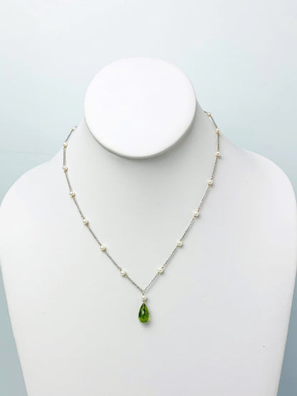 16" Peridot And Pearl Station Necklace With Center Drop in 14KW - NCK-495-DRPPRLGM14W-WHPDT-16
