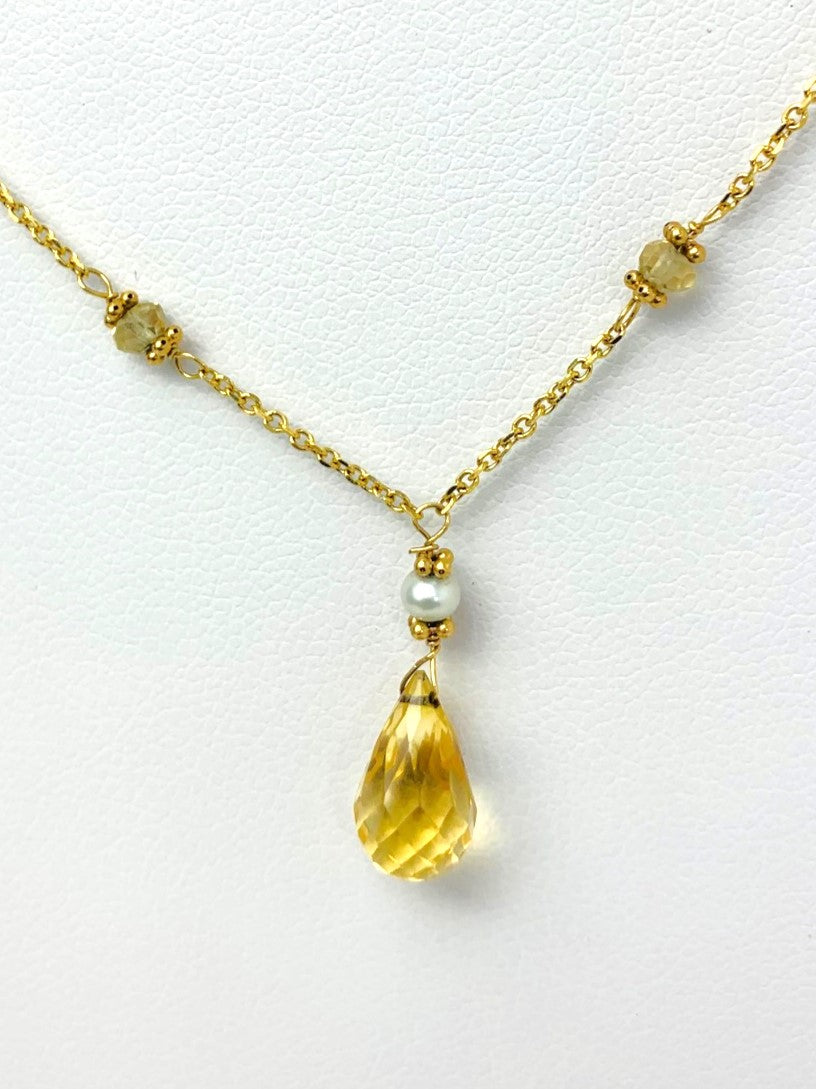 16"-17" Citrine And Gold Pearl Station Necklace With Center Drop in 14KY - NCK-497-DRPPRLGM14W-WHCIT-17