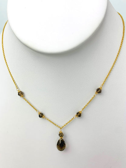 15"-16" Smokey Quartz Station Necklace With Center Drop in 14KY - NCK-500-DRPGM14Y-SQ-16