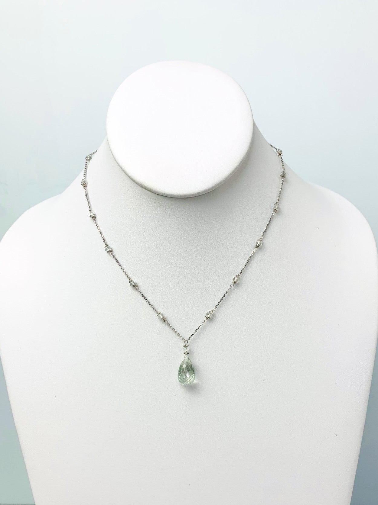 16"-17" Aquamarine Station Necklace With Center Drop in 14KW - NCK-503-DRPGM14W-AQ-17